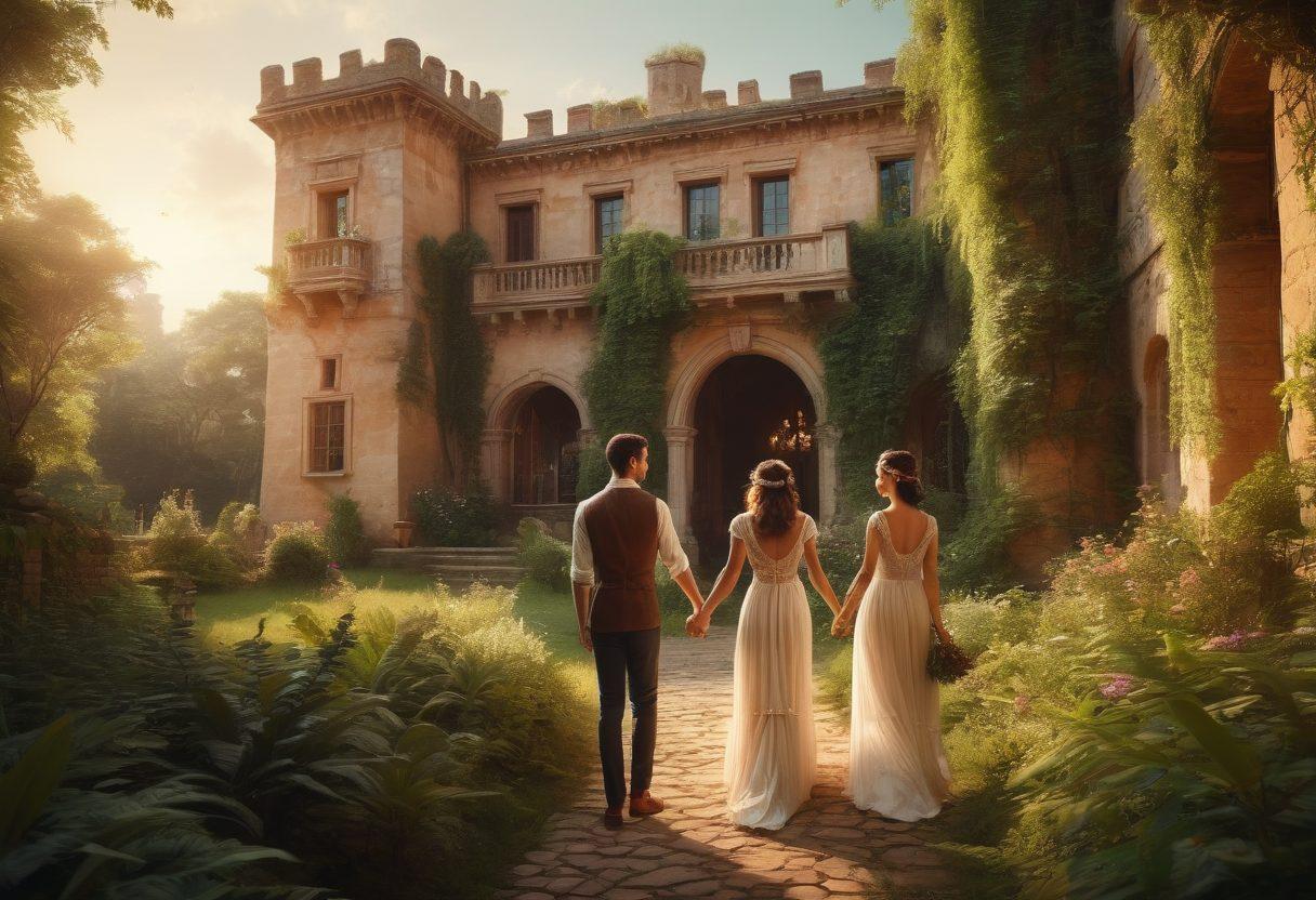 A grand ancient castle surrounded by lush greenery, representing heritage, with a modern couple holding hands in the foreground, symbolizing romance. Incorporate elements like traditional decorations and modern technology subtly blending in the scene, showcasing the fusion of past and present. Soft, warm lighting to create an intimate atmosphere. rich colors. painterly style.