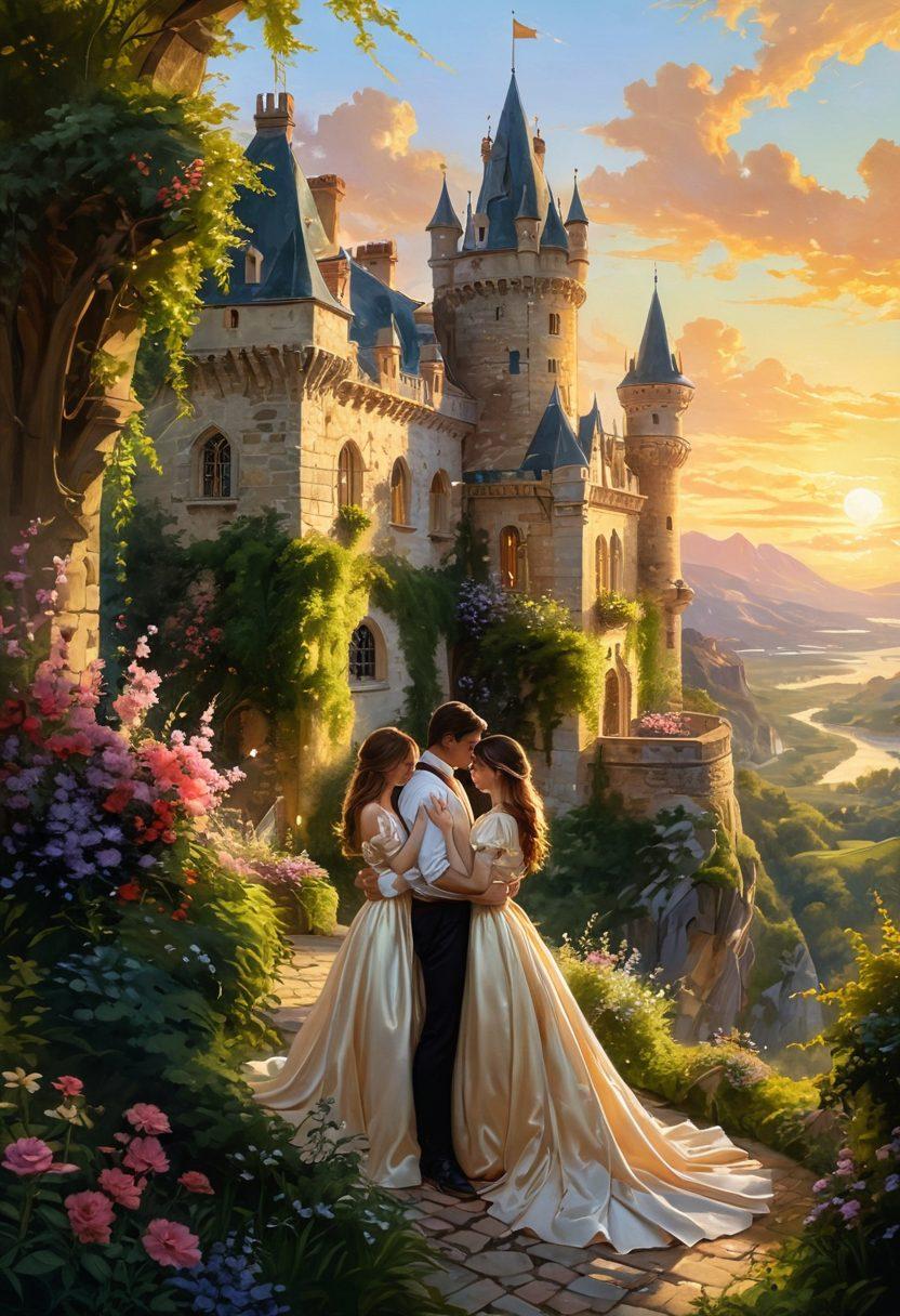 A picturesque landscape showcasing a romantic castle nestled in lush greenery, with soft golden sunlight casting a warm glow. In the foreground, a couple embraces tenderly, embodying passion and love, surrounded by blooming flowers symbolizing the Castillo lineage. The scene should exude warmth, with gentle hues and intricate details that convey a deep emotional connection. ethereal painting. vibrant colors.