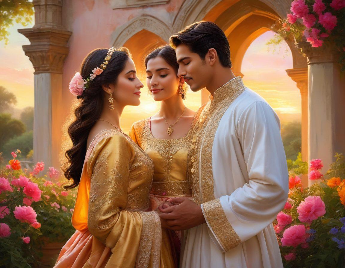 A beautifully ornate Castillo, surrounded by lush gardens filled with blooming flowers symbolizing love. A couple in traditional attire stands hand in hand at the forefront, gazing into each other's eyes, embodying deep affection. Romantic sunset casting a golden glow over the scene, highlighting the elegance of heritage and connection through love. Soft, dreamy colors. painting. vibrant colors.